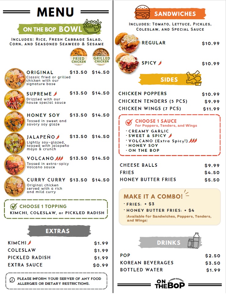 On The Bop menu board — halal Korean fried chicken bowls, sandwiches, poppers and wings in Windsor, ON